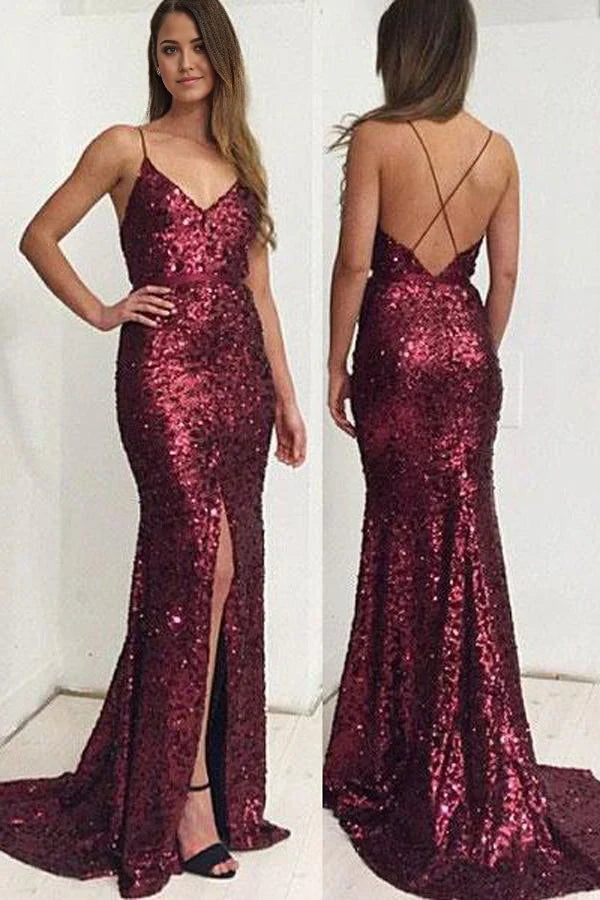 Vestido de fiesta largo con tirantes finos, lentejuelas y abertura lateral, estilo sirena
